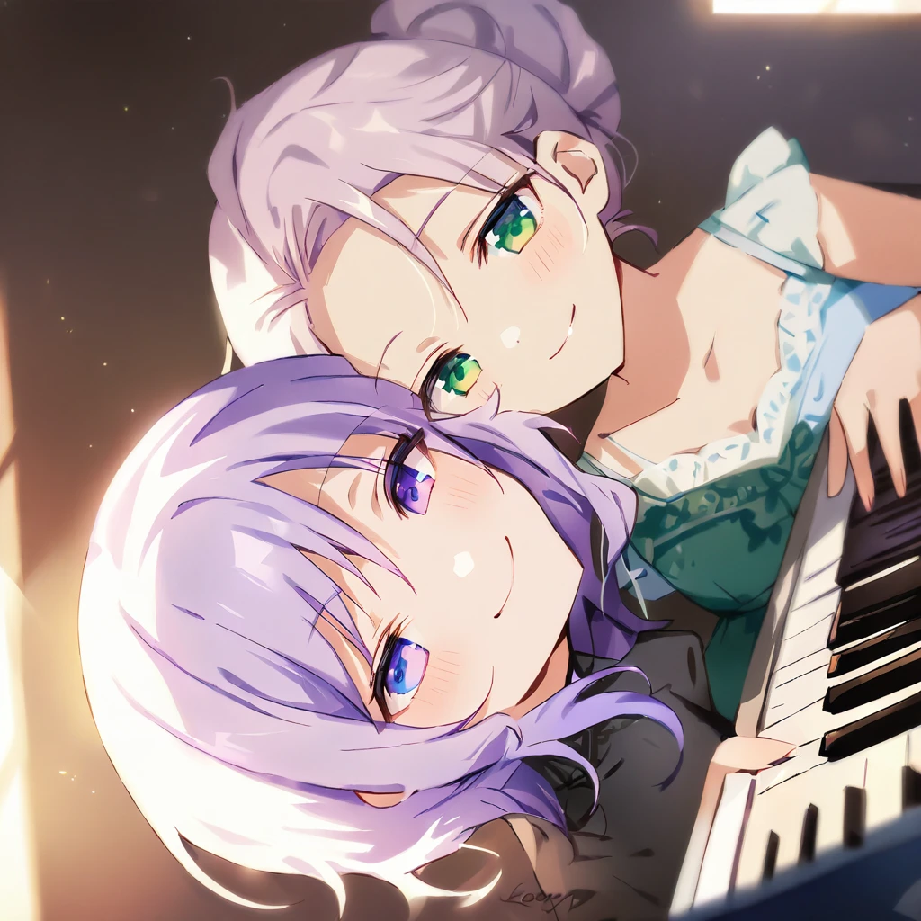 (masterpiece:1.3), anime visual, (Lovey-dovey:1.5), (tilt head:1.3), extremely delicate face, soft clean focus, realistic lighting and shading, (an extremely delicate and beautiful art:1.3),
Two girls, one piano, duet, one girl with pale purple hair and green eyes, other girl with silver hair and blue eyes, smiling,