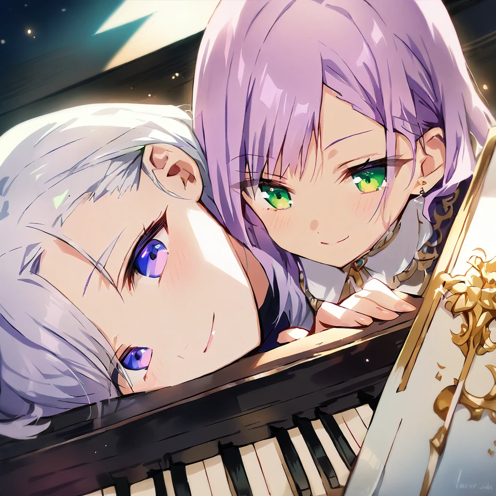 (masterpiece:1.3), anime visual, (Lovey-dovey:1.5), (tilt head:1.3), extremely delicate face, soft clean focus, realistic lighting and shading, (an extremely delicate and beautiful art:1.3),
Two girls, one piano, duet, one girl with pale purple hair and green eyes, other girl with silver hair and blue eyes, smiling,