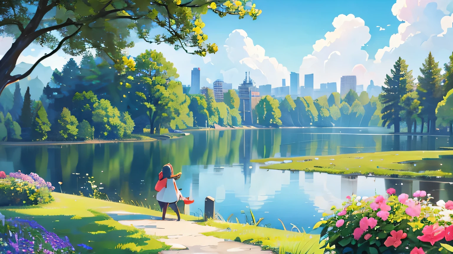 a small lake surrounded by flowers and many trees, the sky with many clouds and petals falling from the sky, animals drinking water, huge cascade in the background, a big city in the background