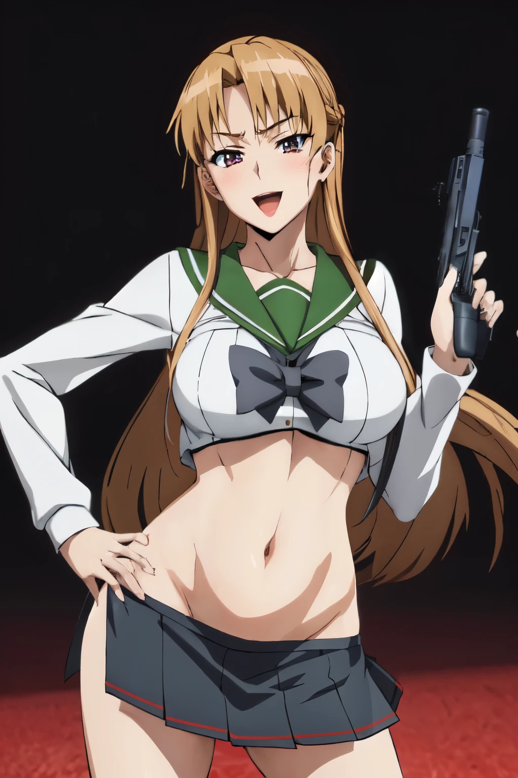 leifang, 1girl, long hair, blush, lipstick, masterpiece, best quality, highly detailed, a anime girls in sailor uniforms with a gun posing for a picture,
evil smile, smile, open mouth,black_serafuku, ecchi anime style, anime girls ,
ecchi style, ecchi, shipgirls, digital anime art!!, high school girls, holding a gun, hold a gun, anime style 4
k, micro skirt, exposed belly, exposed navel, exposed midriff,
exposed lower belly,school, classroom, navel piercing