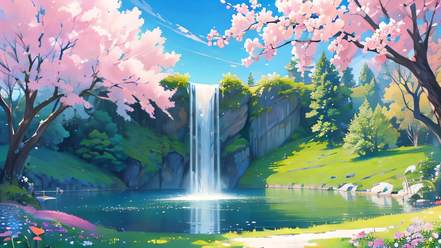 a small lake surrounded by flowers and many trees, the sky with many clouds and petals falling from the sky, animals drinking water, huge cascade in the background, a big city in the background