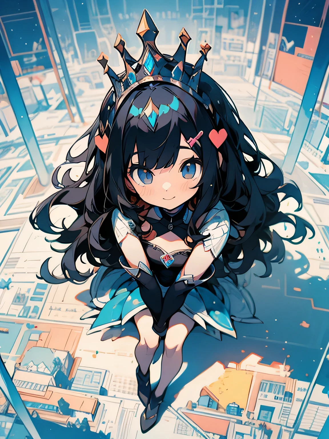 from above:1.3, looking at viewer,dutch angle,close up girl,cute black princess hair, cute tiara, princess, princess clothes, gentle smile, fancy fantasy scenery,(hugging own legs),fullbody,