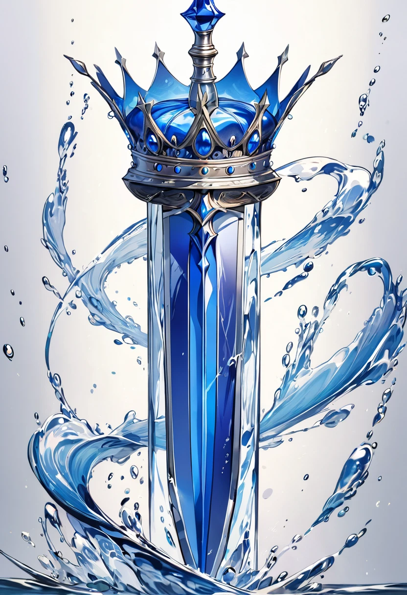 an extremely detailed blue crown made of water with a spear with a large blue blade