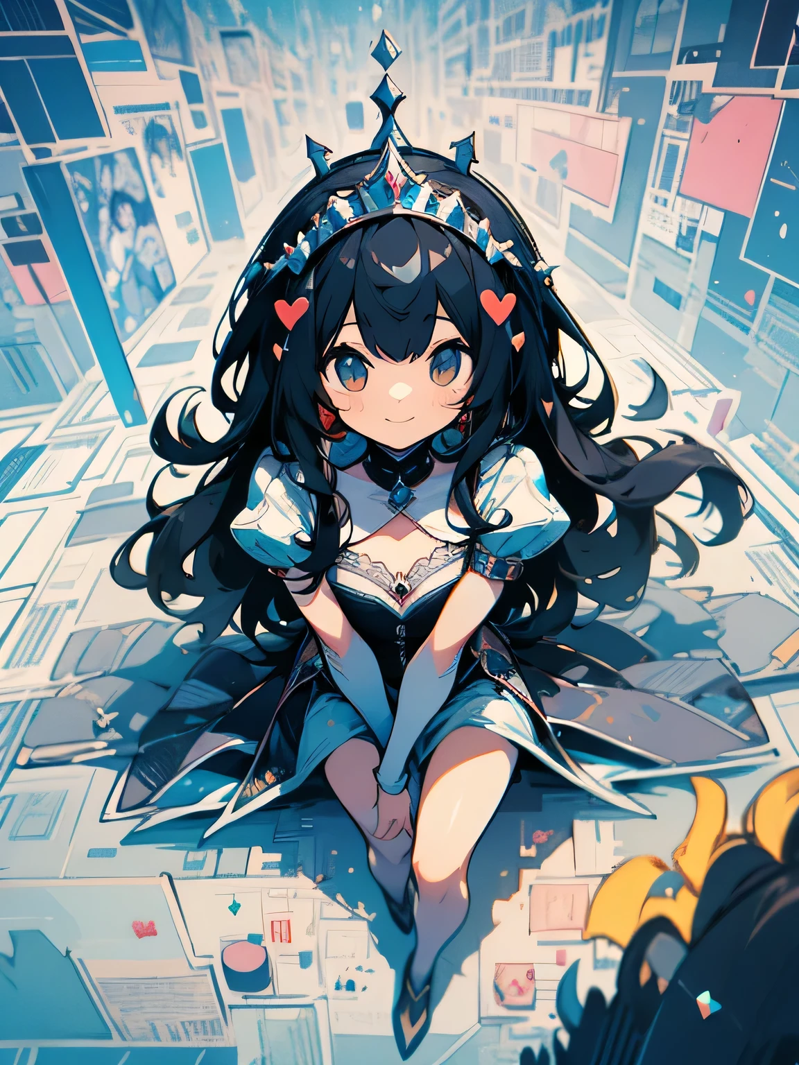 from above:1.3, looking at viewer,dutch angle,close up girl,cute black princess hair, cute tiara, princess, princess clothes, gentle smile, fancy fantasy scenery,(hugging own legs),fullbody,