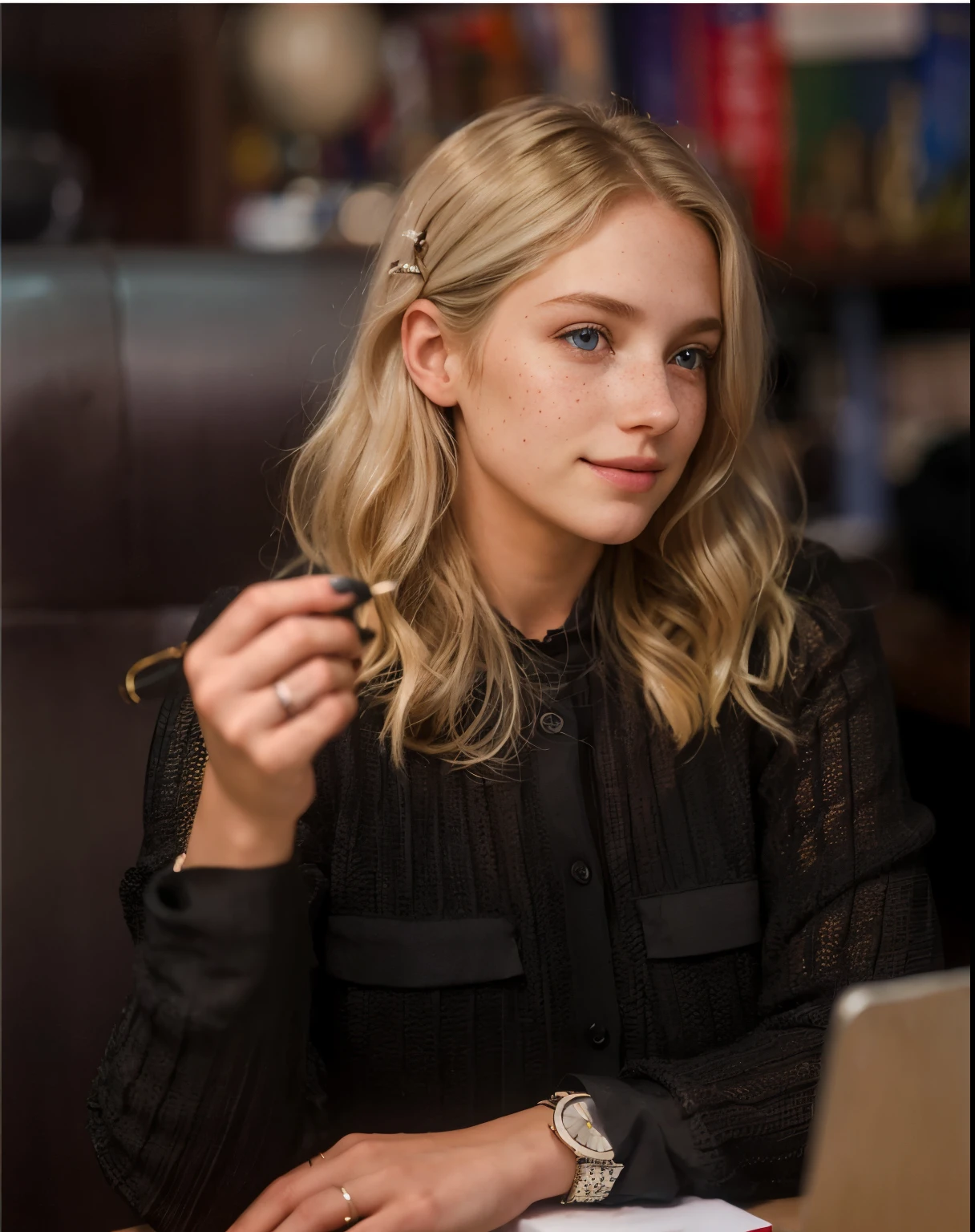 a one woman, americana, age 25, pale skin and freckles, grey-eyed, delicate nose, soft and delicate lips, distant, distant, wavy, waist-length blonde hair, Sweet smile, face with delicate feminine facial features, Highly Rendering