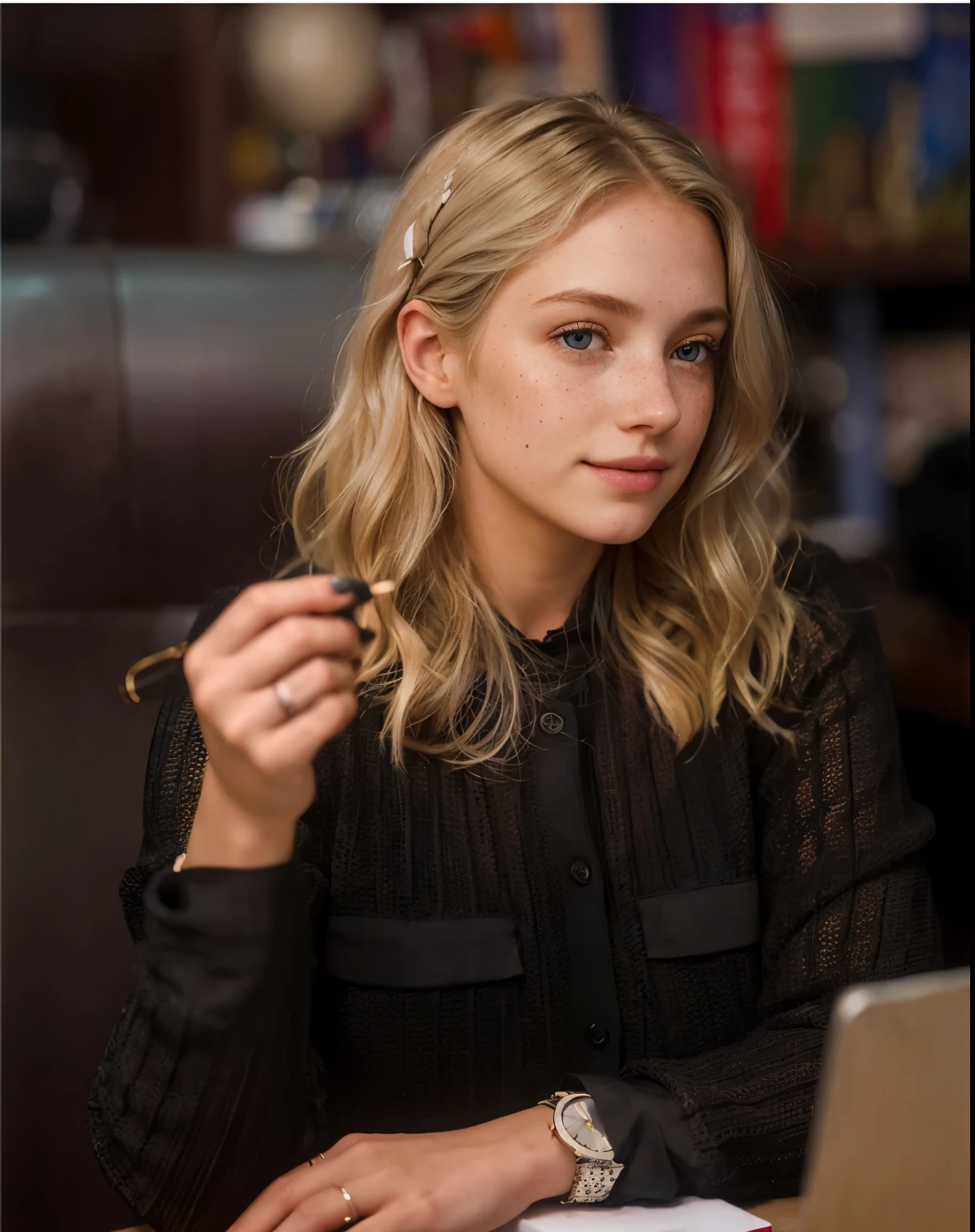 a one woman, americana, age 25, pale skin and freckles, grey-eyed, delicate nose, soft and delicate lips, distant, distant, wavy, waist-length blonde hair, Sweet smile, face with delicate feminine facial features, Highly Rendering