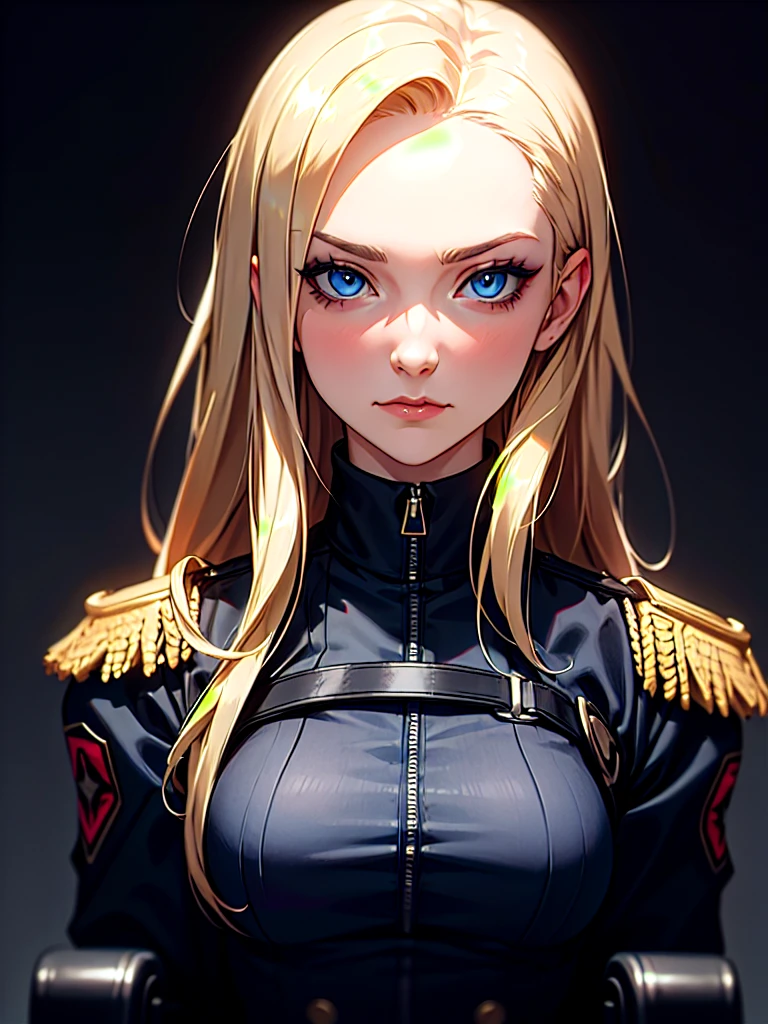 ((Portrait)), She has a Strong and Determined Appearance, with a Nordic Charm, Fair Skin, and a Slim Build. She Expresses a Focused and Resolute Look, Giving Off a Confident Attitude. She has Blue Eyes, Her Hair is Long and Straight, Platinum Blonde, with Strands Falling Over Her Forehead. She Wears a Fitted Dark Police Uniform with a Tactical Straps, and is Always Seen in a Sleek, Modern Wheelchair. ((Portrait, HDR, Dark Background))
