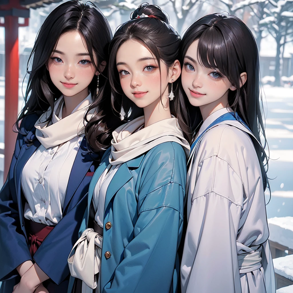 ((8K, RAW Photos, Highest quality, masterpiece)),((Showing the kimono from the obi up:1.5)), High-resolution RAW color photos、 Professional close-up photography, (Realistic, フォトrealism: 1.37), (Highest quality), (Best Shadow), (Best illustrations), High-quality images、Skin Radiance、Texture of skin and clothing、 Expression of fine eyes、Shiny Hair,Long Hair Girl, Manga inspired by Lee Jong-suk, Trending on deviantart, realism, detailed manga style, Manga art style, Perfect Line Drawing, Beautiful line art, digital manga art girl, K-POPアイドル, Beautiful brown eyes, Fuller lips, Gorgeous face with attention to detail, (Cute Smile), attractive, Innocent, (Perfectly detailed face), (Detailed and carefully drawn hand) Photorealistic images, Written boundary depth, (Japanese style princess cut hairstyle:1.5), best quality, masterpiece, New Year, Three Japanese high-school cute girls, ((looking straight:1.7)), (Japanese-high-school-blue-blazer-uniform:1.5), Reddish bow tie, with a school bag, ((gently smiling:1.7)), ((upper arms hidden by clothes and hair:1.5)), (innocent and pure high-school-girls:1.7) ((white short scarf:1.2)), ((white feather shawl:1.2)), (separately side by side:1.5), shrine background, (mount Fuji:1.3), ((snow)) winter(season), (outdoors:1.5)