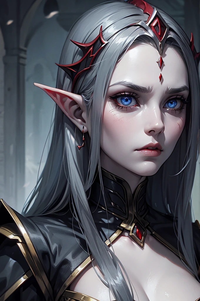 Dunmer, Eyes red, bluish gray skin, elf ears, thin face, melancholy look