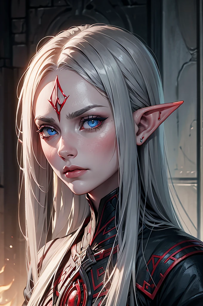 Dunmer, Eyes red, bluish gray skin, elf ears, thin face, melancholy look
