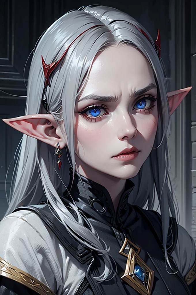 Dunmer, Eyes red, bluish gray skin, elf ears, thin face, melancholy look