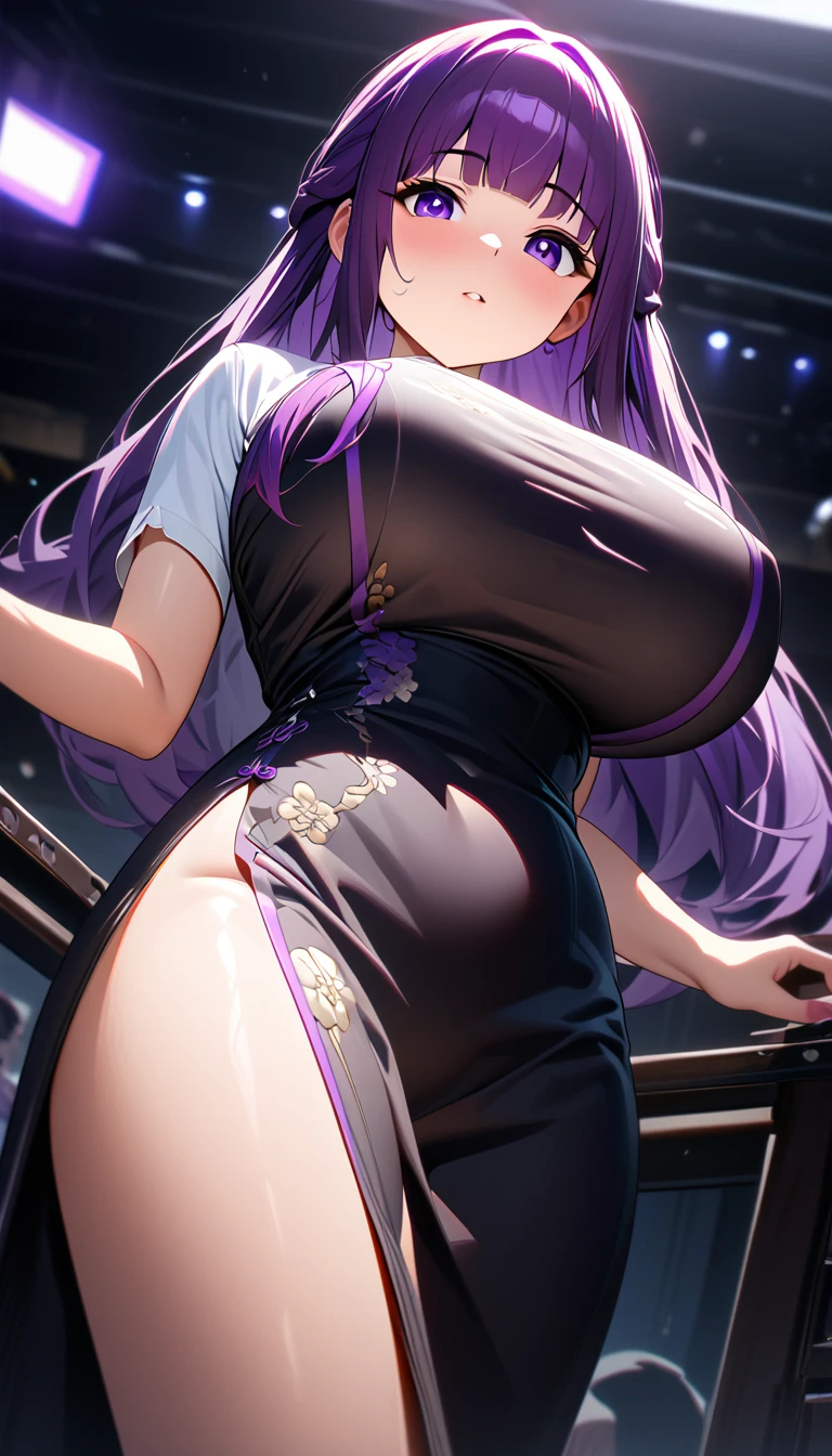 Cheongsam Girl，Half Up,Purple Hair,Purple eyes,Long Hair，Blunt bangs,cowboy shot,Pure white background，Big Breasts,Depth of written boundary，(Low angle view:0.9)，Calf Level View，Overclocked Renderer，Cinema Lighting，masterpiece,Ultra-fine，Very detailed，complicated，Cinematic Perspective，CG Art，Looking at me,