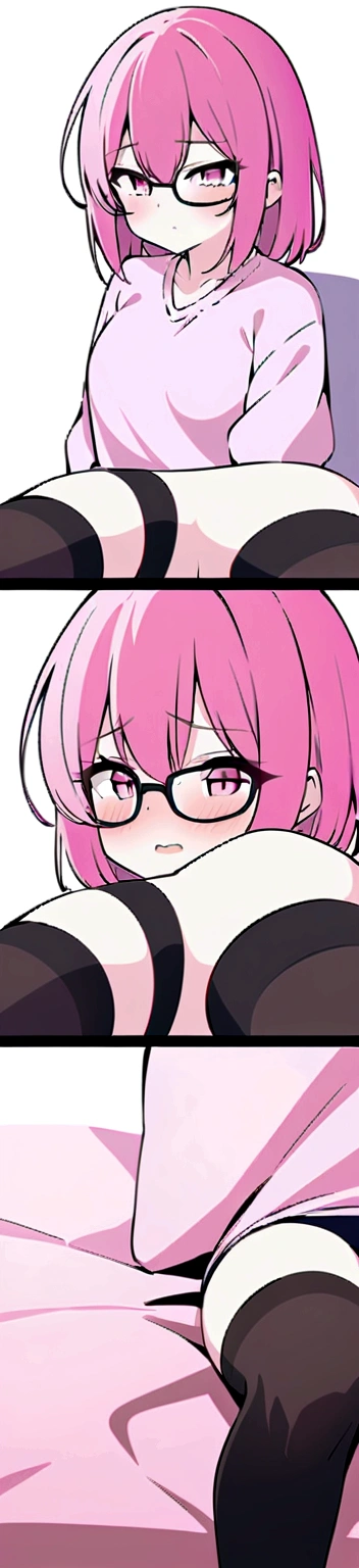 pink hair black glasses pink eyes extremely blushing a big pink sweater black short shorts black stockings be a reserved girl her bed 