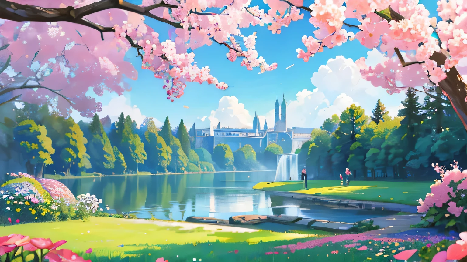 a small lake surrounded by flowers and many trees, the sky with many clouds and petals falling from the sky, animals drinking water, huge cascade in the background, a big city in the background