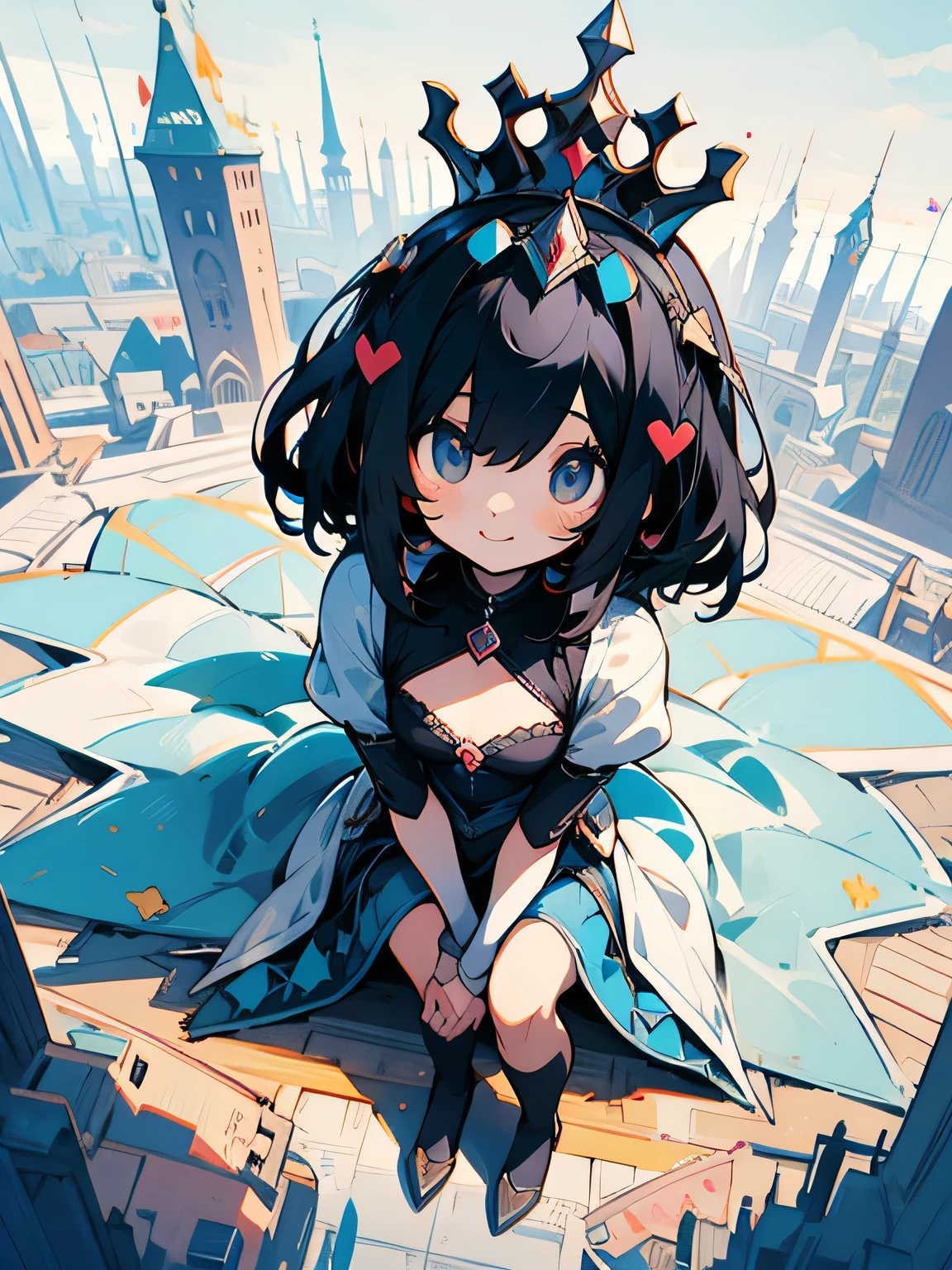 from above:1.3, looking at viewer,dutch angle,close up girl,cute black princess hair, cute tiara, princess, princess clothes, gentle smile, fancy fantasy scenery,(hugging own legs),fullbody,