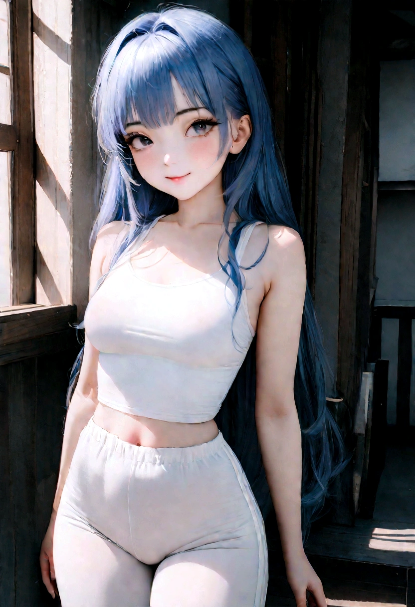 (8K, raw-photo, best qualityer, Masterpiece artwork:1.2), (details Intricate), perfects eyes, face perfect, perfect lighting, comely, (Masterpiece artwork:1.2), (best qualityer:1.2), 1 girl, standing alone, marinette, blue-haired, long and loose hair, adult torso, r old, slightly-smile, medium sized breasts, white sleeveless shirt, pink training pants