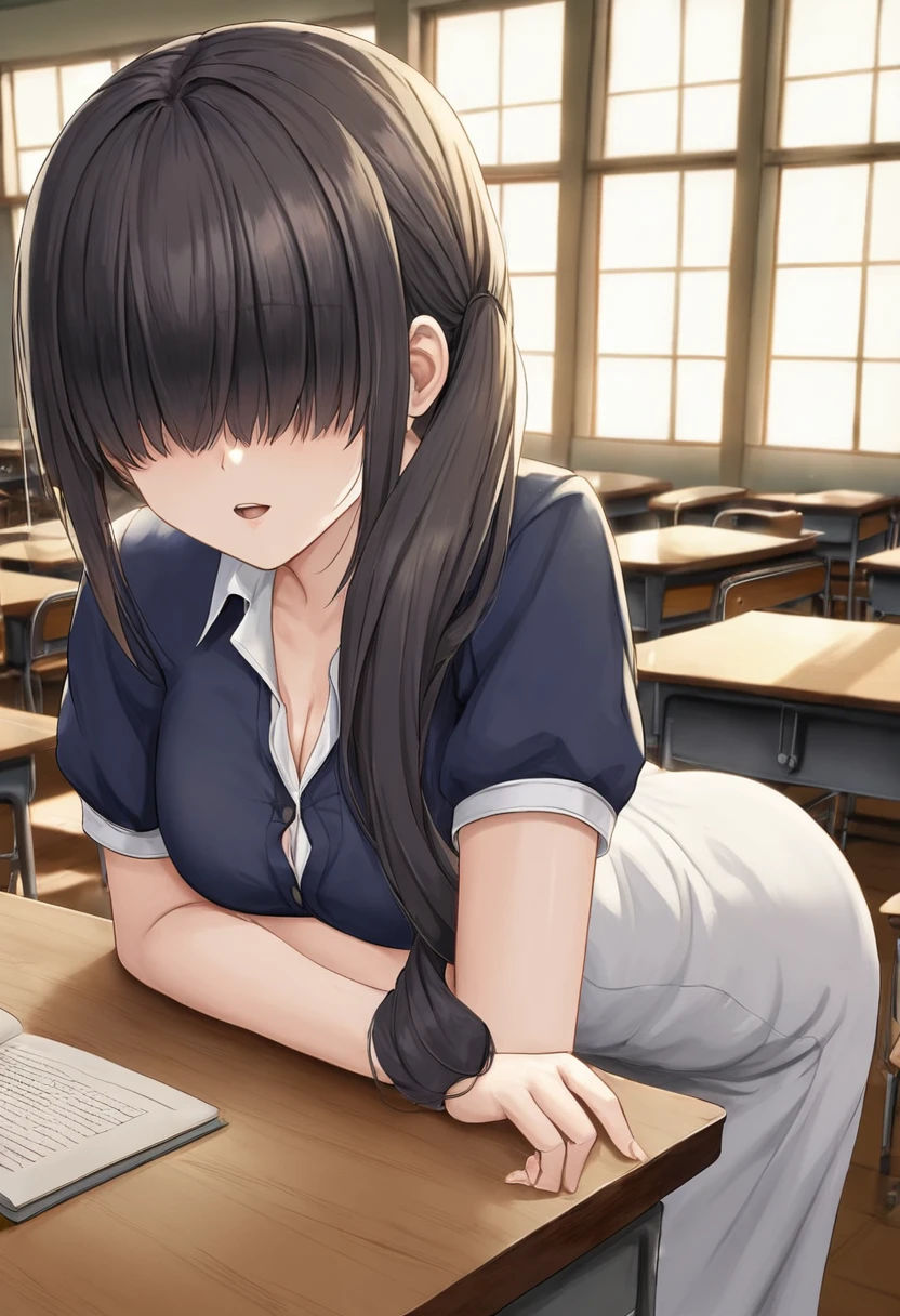 bangs, long hair, hair over eyes, pensive, side ponytail, anime style, UHD, masterpiece, textured skin, highres, best quality, A high school girl rests her chin on her desk while opening a notebook in the library, In the evening, the setting sun is shining through the window