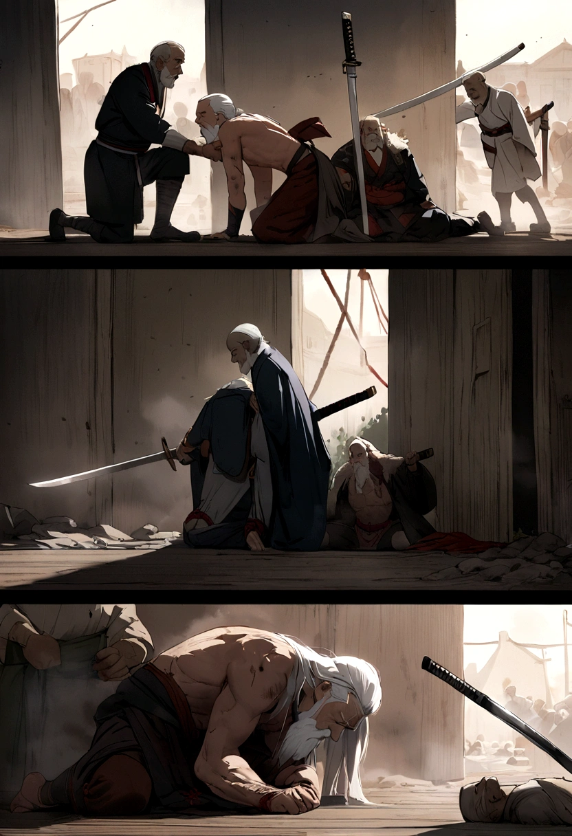 historic, elder, warrior,Wounded,Shirtless, Japanese sword, Long white hair, Long white beard，warrior,Grandpa, burst，Kneeling，Seppuku is committing suicide