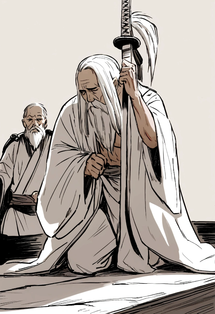 historic, elder, warrior,Wounded,Shirtless, Japanese sword, Long white hair, Long white beard,warrior,Grandpa, burst,Kneeling,Seppuku is committing suicide