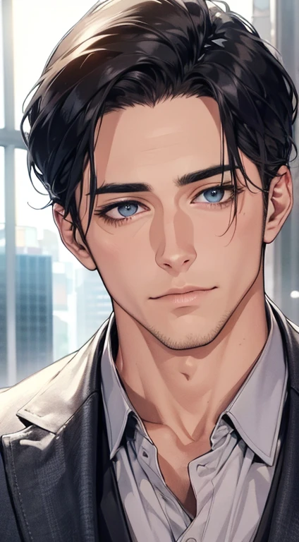 (best quality,4k,8k,highres,masterpiece:1.2),ultra-detailed,(realistic,photorealistic,photo-realistic:1.37),1 man,31 years old,mature man,very handsome,without expression,smile,short grey black hair,blue eyes,penetrating gaze,perfect face without errors,imposing posture,businessman,office background,cinematic lighting,hdr image