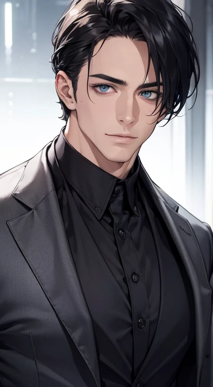 (best quality,4k,8k,highres,masterpiece:1.2),ultra-detailed,(realistic,photorealistic,photo-realistic:1.37),1 man,31 years old,mature man,very handsome,without expression,smile,short grey black hair,blue eyes,penetrating gaze,perfect face without errors,imposing posture,businessman,office background,cinematic lighting,hdr image