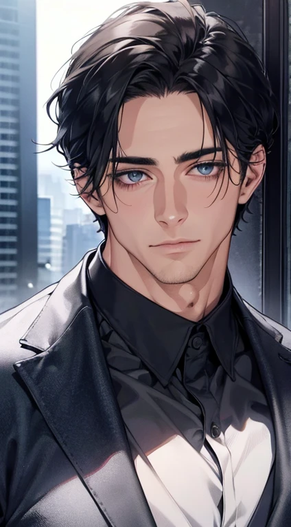 (best quality,4k,8k,highres,masterpiece:1.2),ultra-detailed,(realistic,photorealistic,photo-realistic:1.37),1 man,31 years old,mature man,very handsome,without expression,smile,short grey black hair,blue eyes,penetrating gaze,perfect face without errors,imposing posture,businessman,office background,cinematic lighting,hdr image