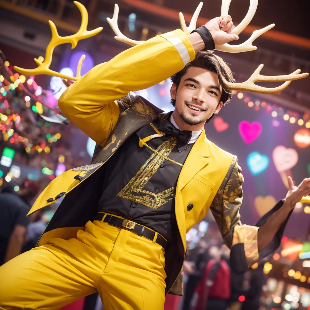Create an image of a lively and charismatic man representing an MBTI entertainer (ESFP) type. He is wearing a bright yellow outfit that showcases his sociable and energetic nature. He has playful deer antlers growing from his head, adding a whimsical and entertaining touch to his appearance. The background should be a vibrant and festive setting that reflects his love for excitement and being the center of attention.
