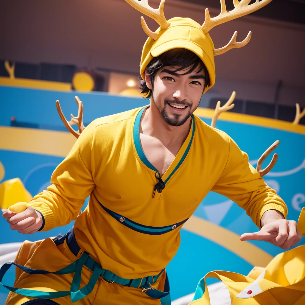 Create an image of a lively and charismatic man representing an MBTI entertainer (ESFP) type. He is wearing a bright yellow outfit that showcases his sociable and energetic nature. He has playful deer antlers growing from his head, adding a whimsical and entertaining touch to his appearance. The background should be a vibrant and festive setting that reflects his love for excitement and being the center of attention.