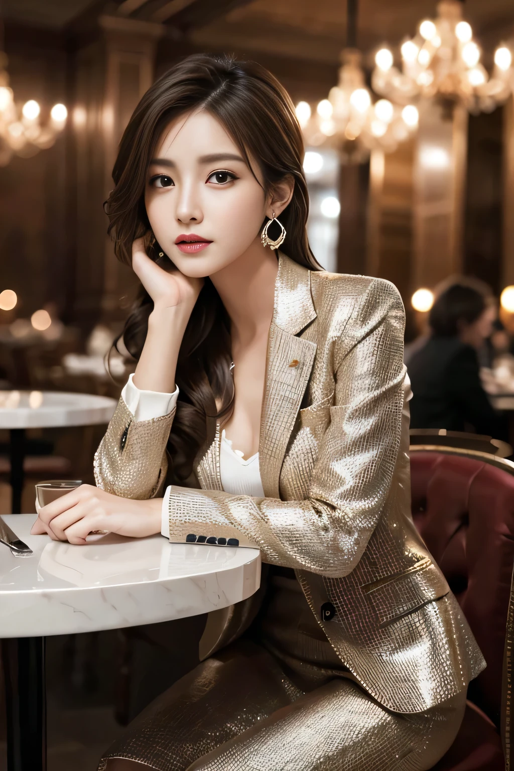 masterpiece, Highest quality, Realistic, Very detailed, Finer details, High resolution, 8k wallpaper, One beautiful woman, Wear a nice suit, In a great restaurant, At night, Light brown messy hair, Perfect dynamic composition, Beautiful and beautiful eyes、Big earrings、Sit on a chair、