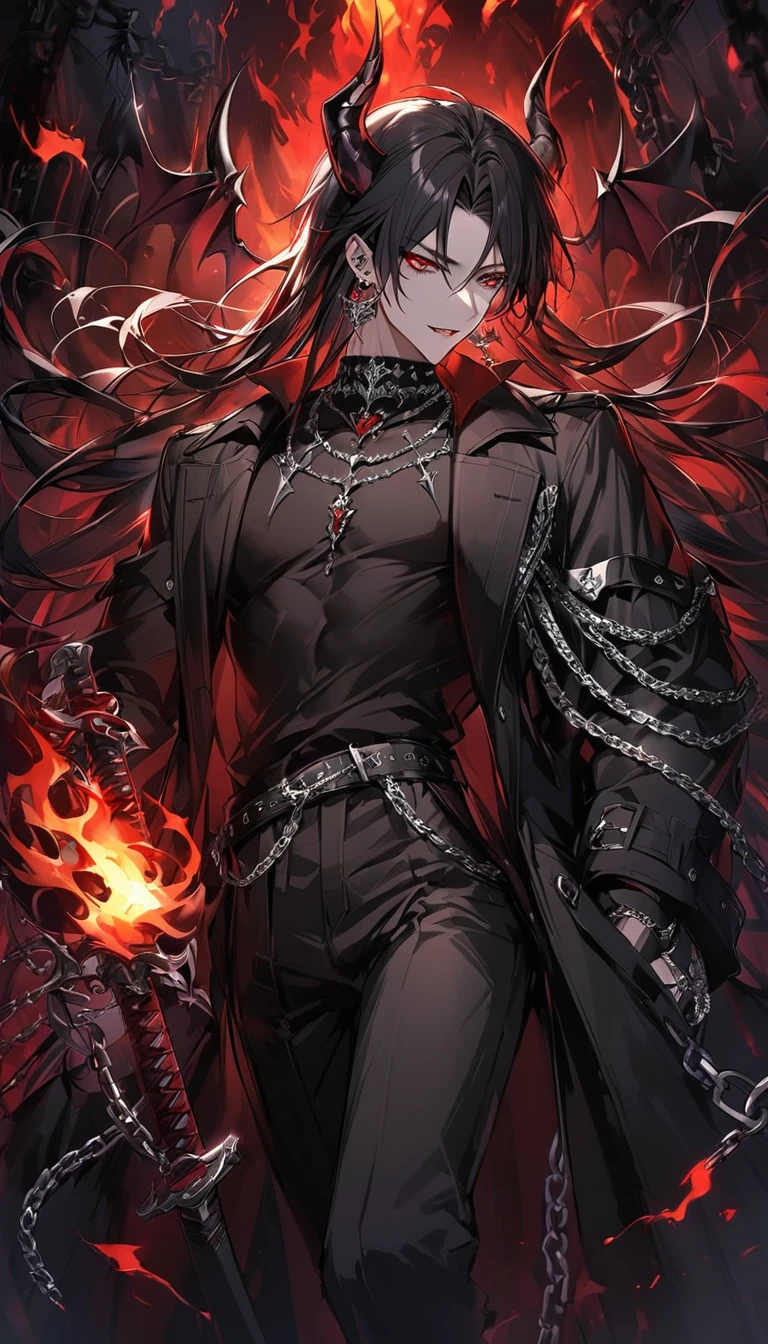 alone, good looking, 1 male, Long hair, Middle parted, Black hair, Red eyes, Black shirt, White Thailand, Black Trench Coat, Royal Silver Jewellery, Royal Demon Earrings, Black horns, Demon Crown, Demonic Katana, Chain, On Back, Demonic Black flames Aura, vtuber Character Design sheet