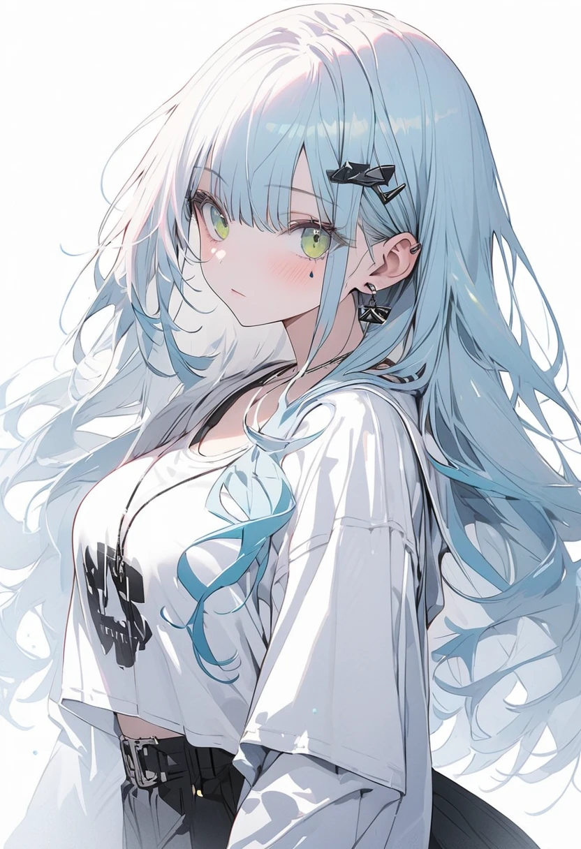 16K,Super detailed,(((High resolution)))，Straight hair,Large Breasts,(masterpiece)，Very detailed，Simple Background，White Background，Cool look,((hk416)) ，H&K,Expressionless，（Light blue hair,Bangs)，((Long Hair))，Teenage Girls,Clear Eyes，(Green Eyes),Clear white skin,Great graphics,((whole body)),((White clothes))、White T-shirt, mini skirt