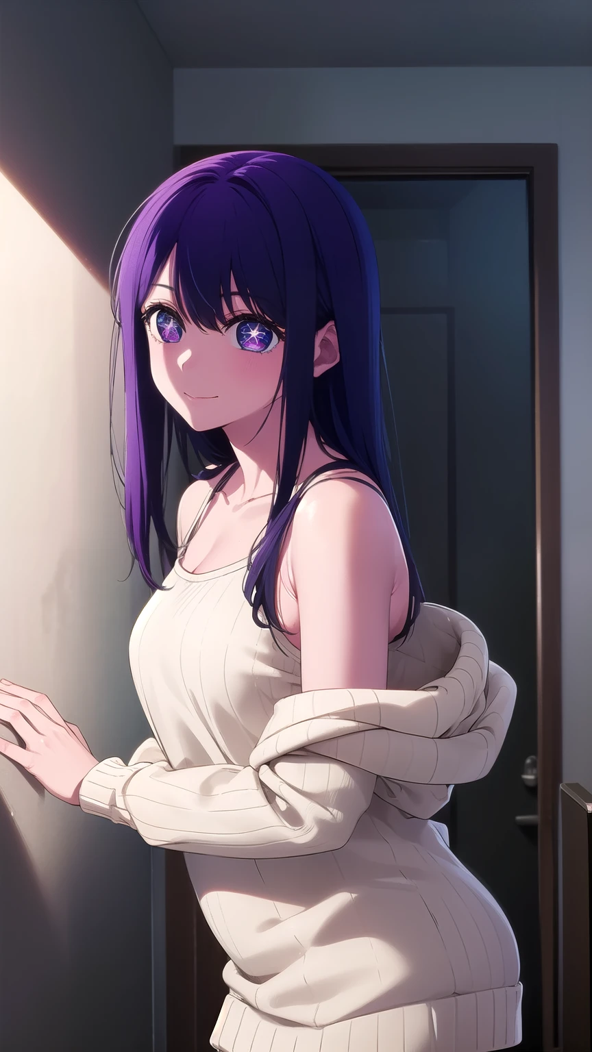 aihoshino, ai hoshino, long hair, bangs, (purple eyes:1.1), purple hair, (symbol-shaped pupils:1.5), smile,
BREAK long sleeves, sweater, ribbed sweater, camisole, white camisole,
BREAK indoors,
BREAK looking at viewer, (cowboy shot:1.5),
BREAK (masterpiece:1.2), best quality, high resolution, unity 8k wallpaper, (illustration:0.8), (beautiful detailed eyes:1.6), extremely detailed face, perfect lighting, extremely detailed CG, (perfect hands, perfect anatomy),