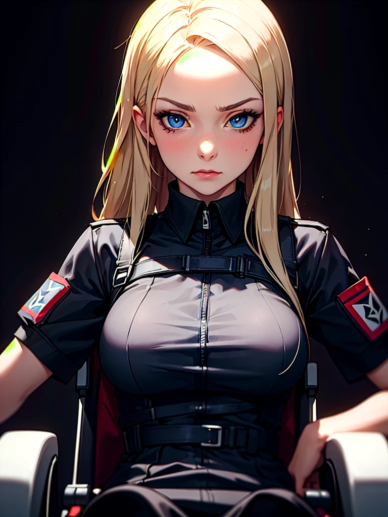 ((Portrait)), She has a Strong and Determined Appearance, with a Nordic Charm, Fair Skin, and a Slim Build. She Expresses a Focused and Resolute Look, Giving Off a Confident Attitude. She has Blue Eyes, Her Hair is Long and Straight, Platinum Blonde, with Strands Falling Over Her Forehead. She Wears a Fitted Dark Police Shirt with a Tactical Straps, and is Always Seen in a Sleek, Modern Wheelchair. ((Portrait, HDR, Dark Background))