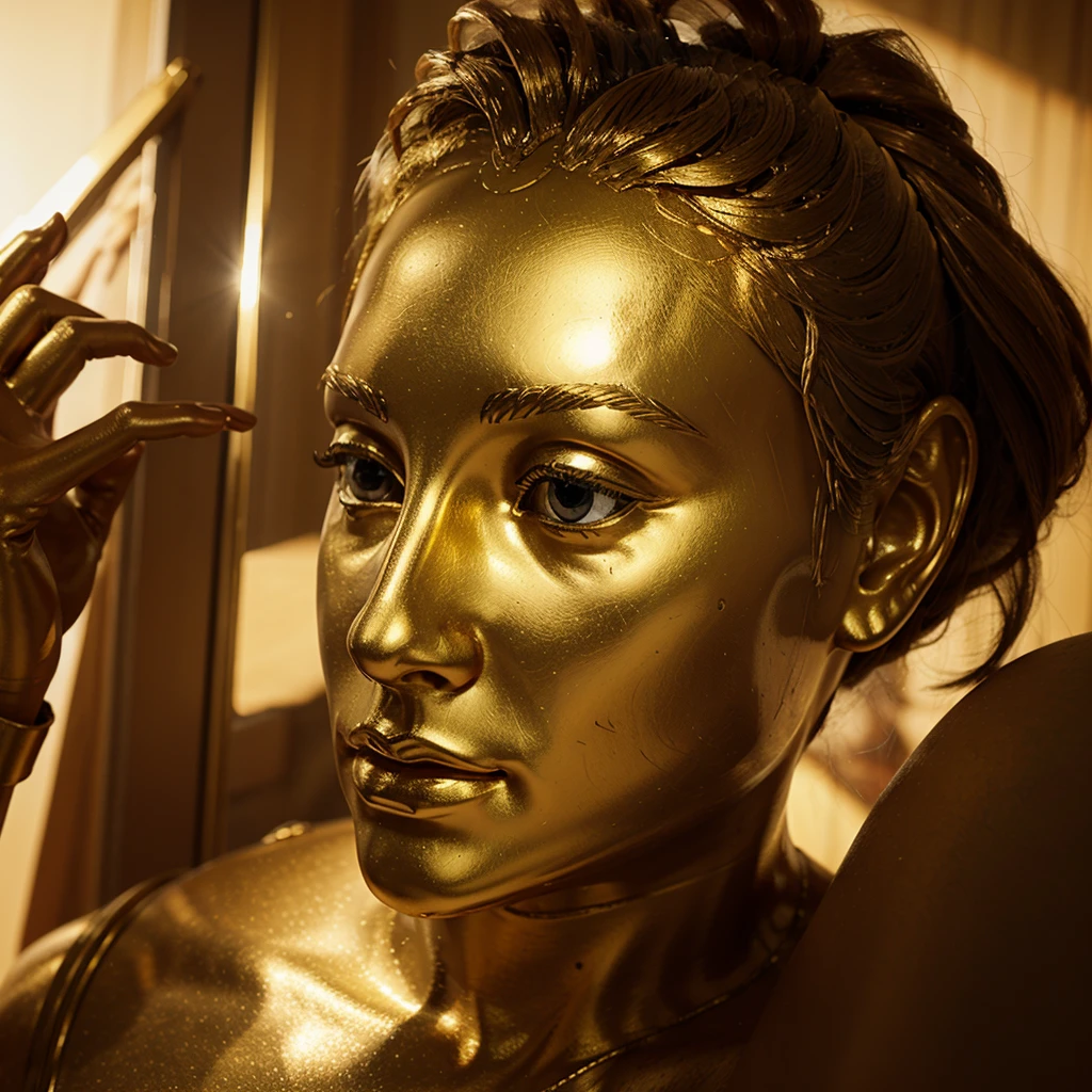 Realism , a big golden statue point a finger to the camera