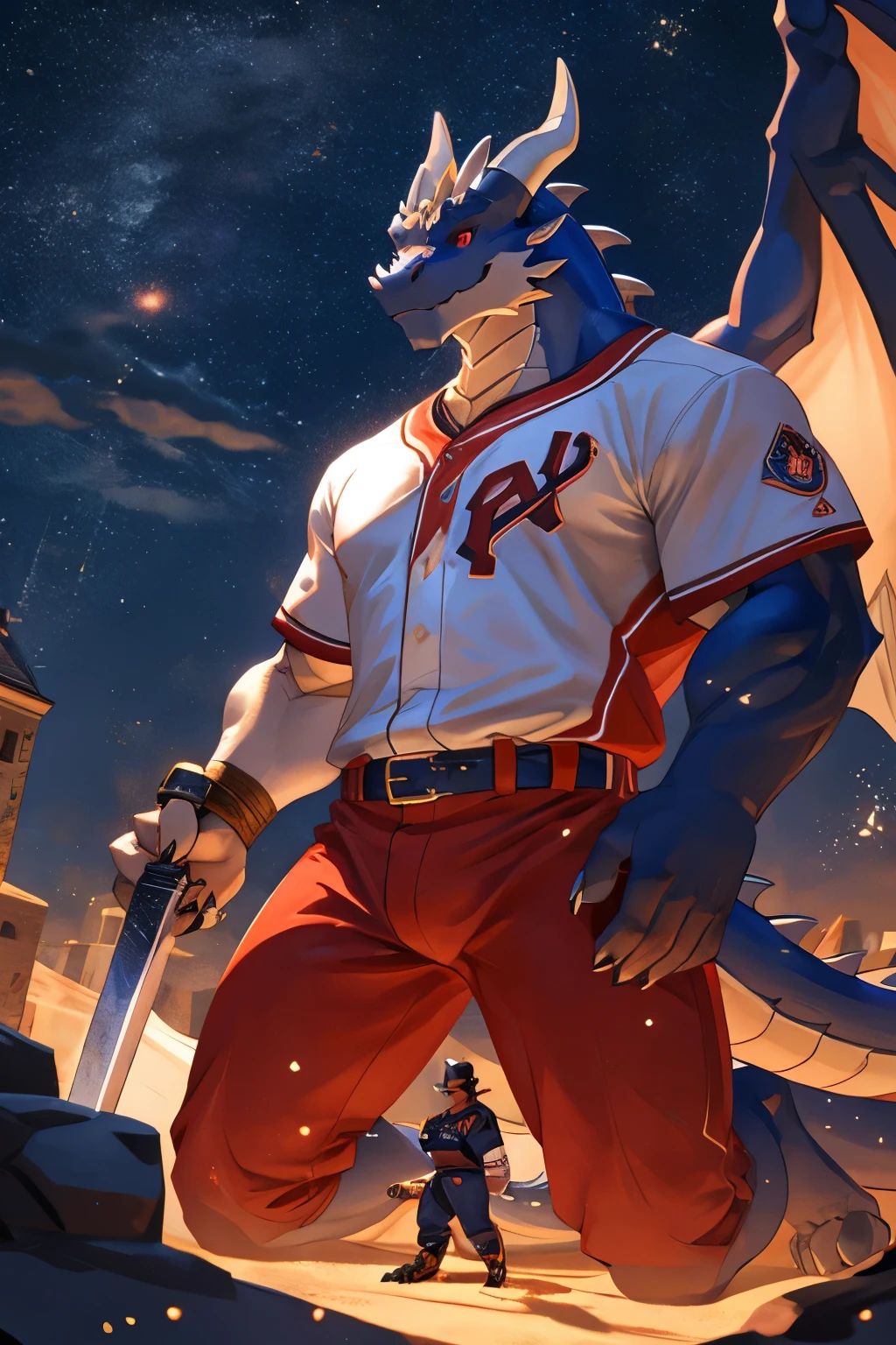 Solitary, Beast field, (dragon), anthropology, male, ((White body,Red eyes)), scales, Tail, muscle, Handsome,muscle,Body fitness,Kneeling,in baseball uniform,White baseball uniform,Sexy,Crotch bulge,male, Claws, , Depth of Field, Perfect lighting, (Light Particles),(best quality),(masterpiece),(ultra deTailed),Clear focus,Light Particles, Holding a sword, macro