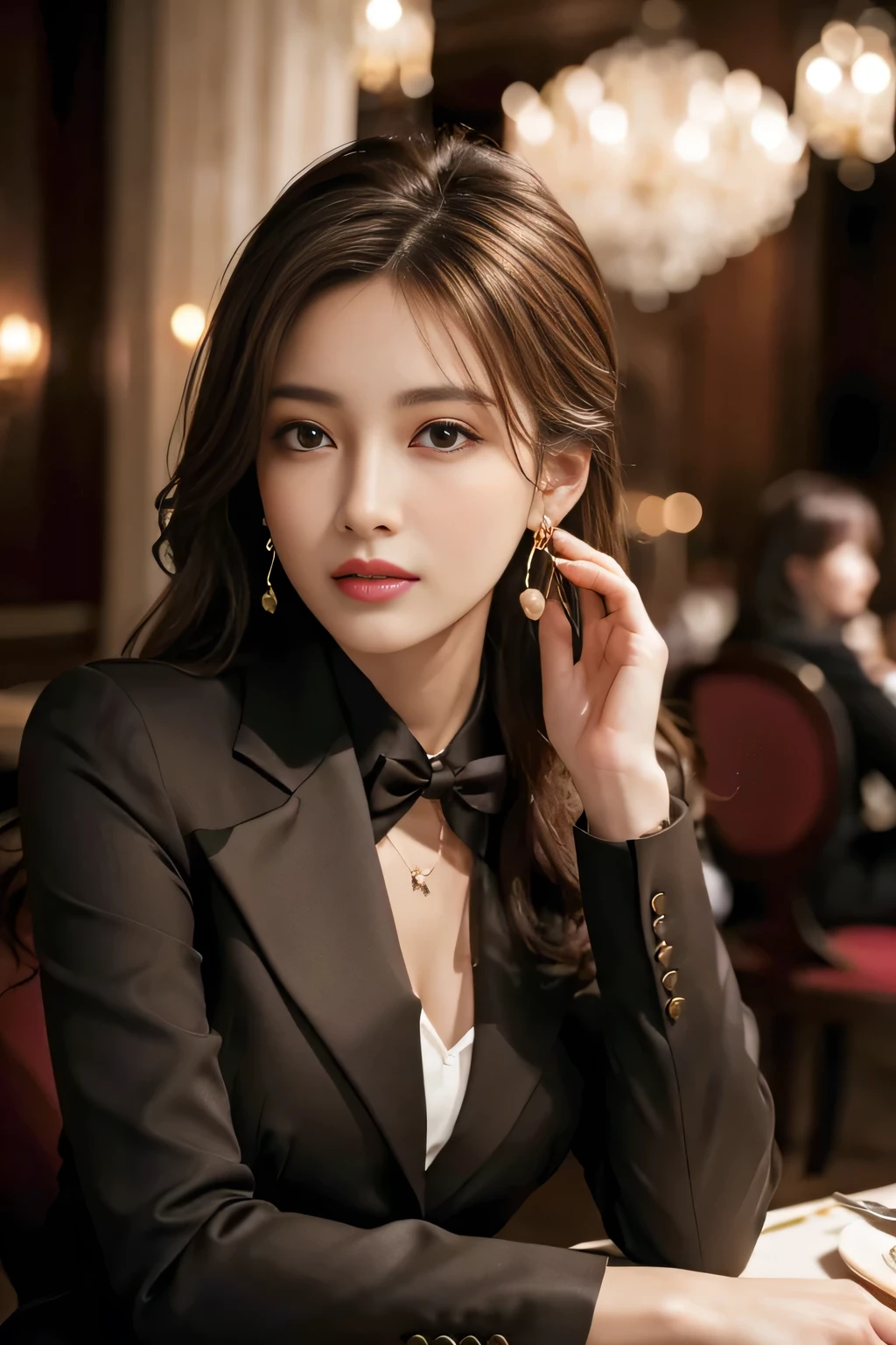 masterpiece, Highest quality, Realistic, Very detailed, Finer details, High resolution, 8k wallpaper, One beautiful woman, Wear a nice suit, In a great restaurant, At night, Light brown messy hair, Perfect dynamic composition, Beautiful and beautiful eyes、Big earrings、Sit on a chair、