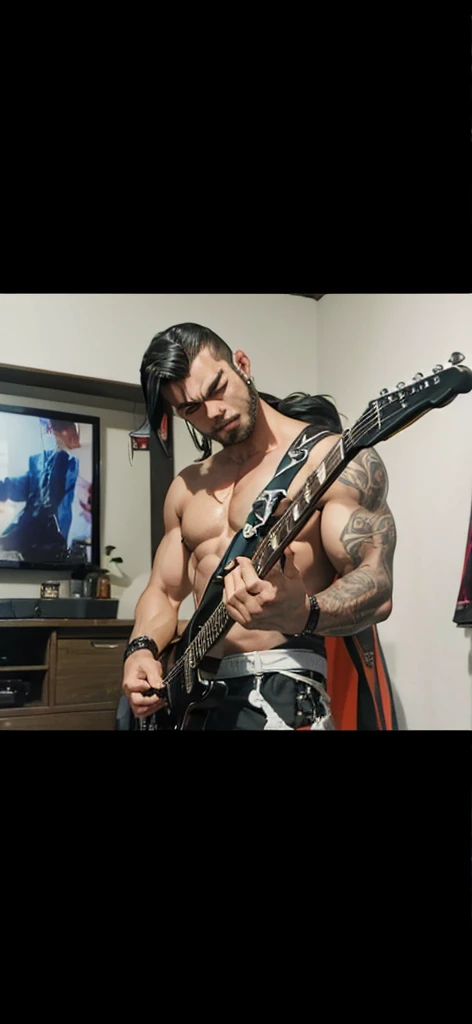 肌肉男, playing black guitar ,shiny muscles, Well defined demonic look fire on back ,arte ultra realista