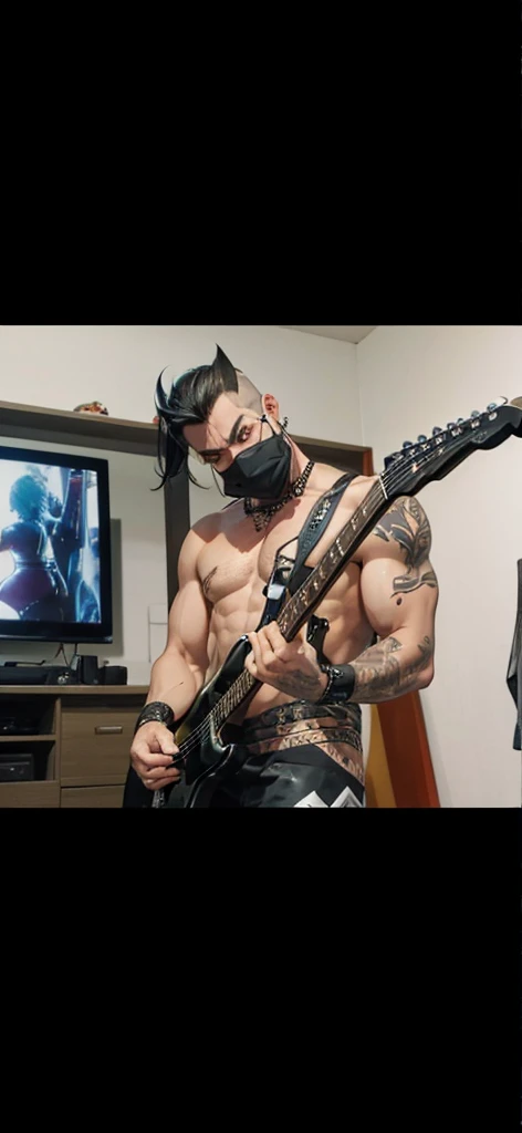 肌肉男, playing black guitar ,shiny muscles, Well defined demonic look fire on back ,arte ultra realista 