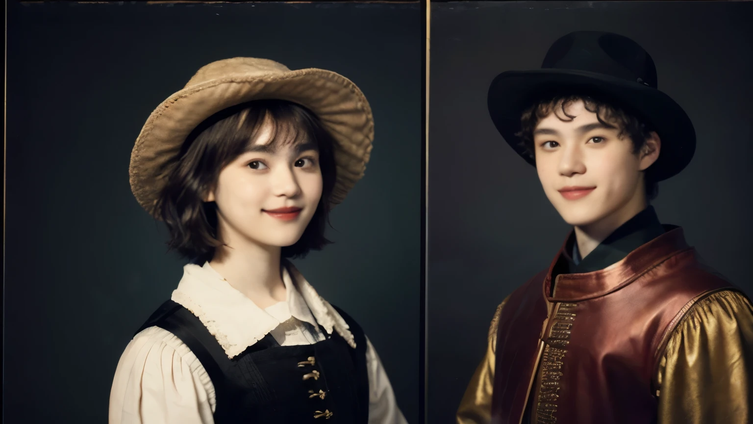 252 (An 18-year-old female and an 18-year-old male), (short hair),kind, lipstick, (Rembrandt-style painting), smile