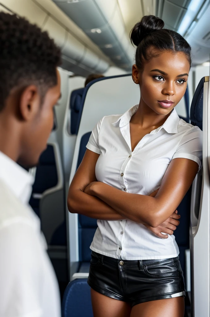 black woman in leather short shorts on a plane wearing white shirt and hair in a bun 