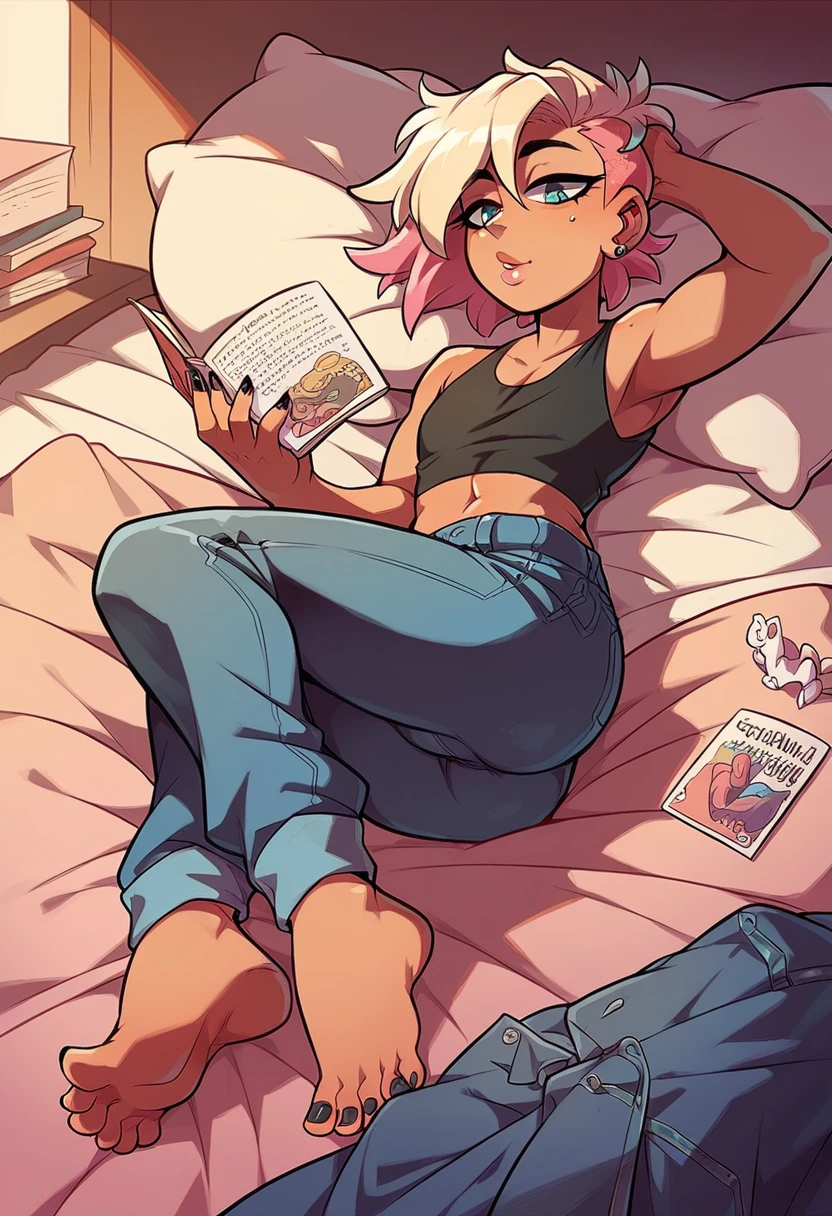 Thick and curvy femboy wearing jeans and crop top, laying in bed, bare feet, seductive, reading, manicure, black nails