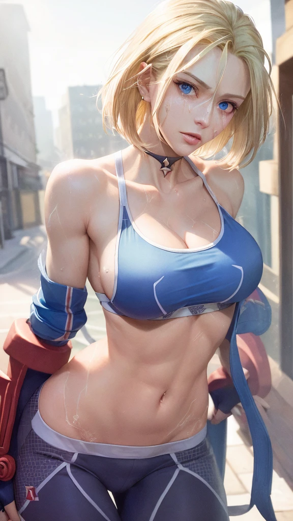 ((((masterpiece, best quality, high resolution)))), Extremely detailed 8K, 1 female, (Cammy White) wearing her Cammy White outfit, (Ultra HD, Ultra-detailed, Highly detailed, Highly realistic, Ultra-realistic, photograph realistic), (1girl:1.5), (Realistic short blond hair), (dynamic poses), facing at camera, looking at viewer, (a serious focus face), (regular blue eyes, sharp eyes), (perky breasts:1.2), (beautiful detailed face, beautiful detailed eyes), ((slightly sweating)), (preparing for a workout), sweat, glow, (sunbeam, sunlight), ((cowboy shot)), streets background, seductive, EnvyBetterHands LoCon,