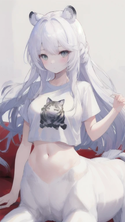 (best quality, masterpiece), 1 girl, centaur, It takes, White skin, Korean  , exposing the abdomen,belly button t-shirt, 아름다운 소녀 perfect white tiger photo, perfect white tiger photo