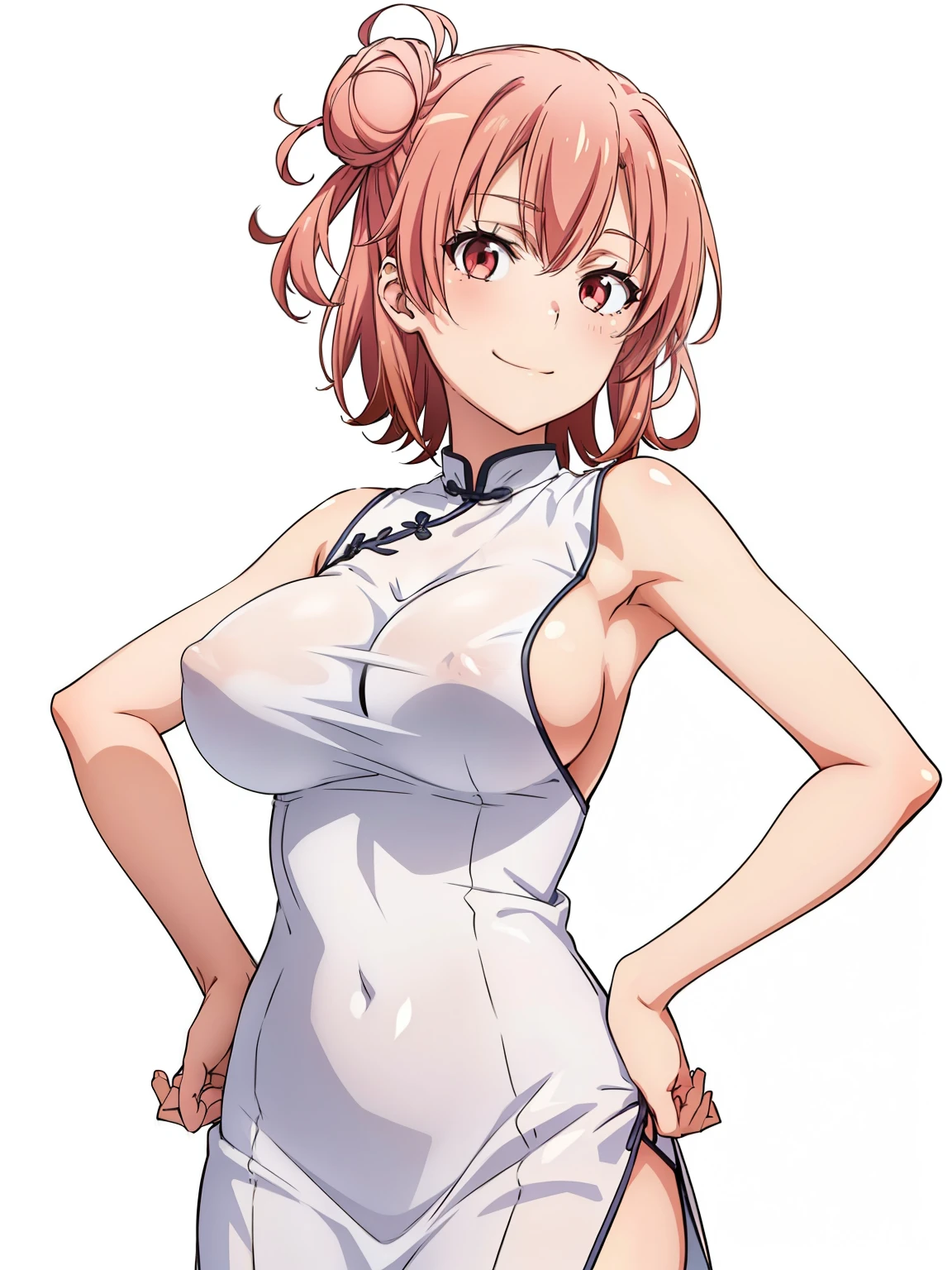 ((masutepiece, Best Quality, hight resolution, nffsw, Perfect Pixel, depth of fields, 4K, )), 1girl in, Solo, , Beautiful anime girl, Beautiful Art Style, close up, Looking at Viewer, Perfect body, Yuigahama Yui, Short hair, pink hair, twin hairbuns, (large boob), smiling, see through white chinese dress, breasts, nipples, hands on hips, blank white background, cowboy shot