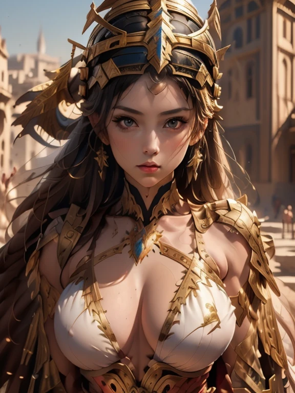 beautiful warrior woman in golden greek armor, porfect human face detailed, Jet black hair, hoplite helmet, muscular, huge naked breasts, I look at the viewer, foreground, model photo poses, work of art, best qualityer, 8K, nblurry background, medieval fantasy castle in the background