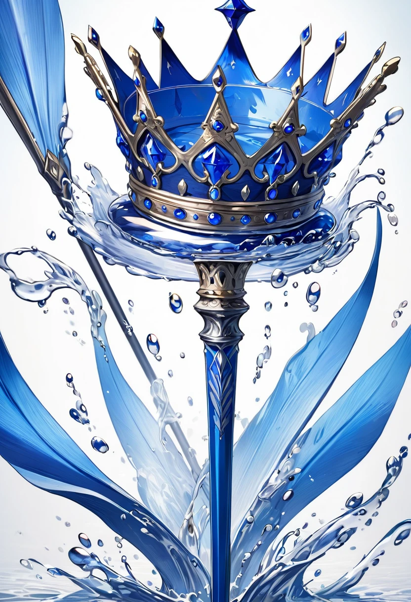 an extremely detailed blue crown made of water with a spear with a large blue blade behind the crown
