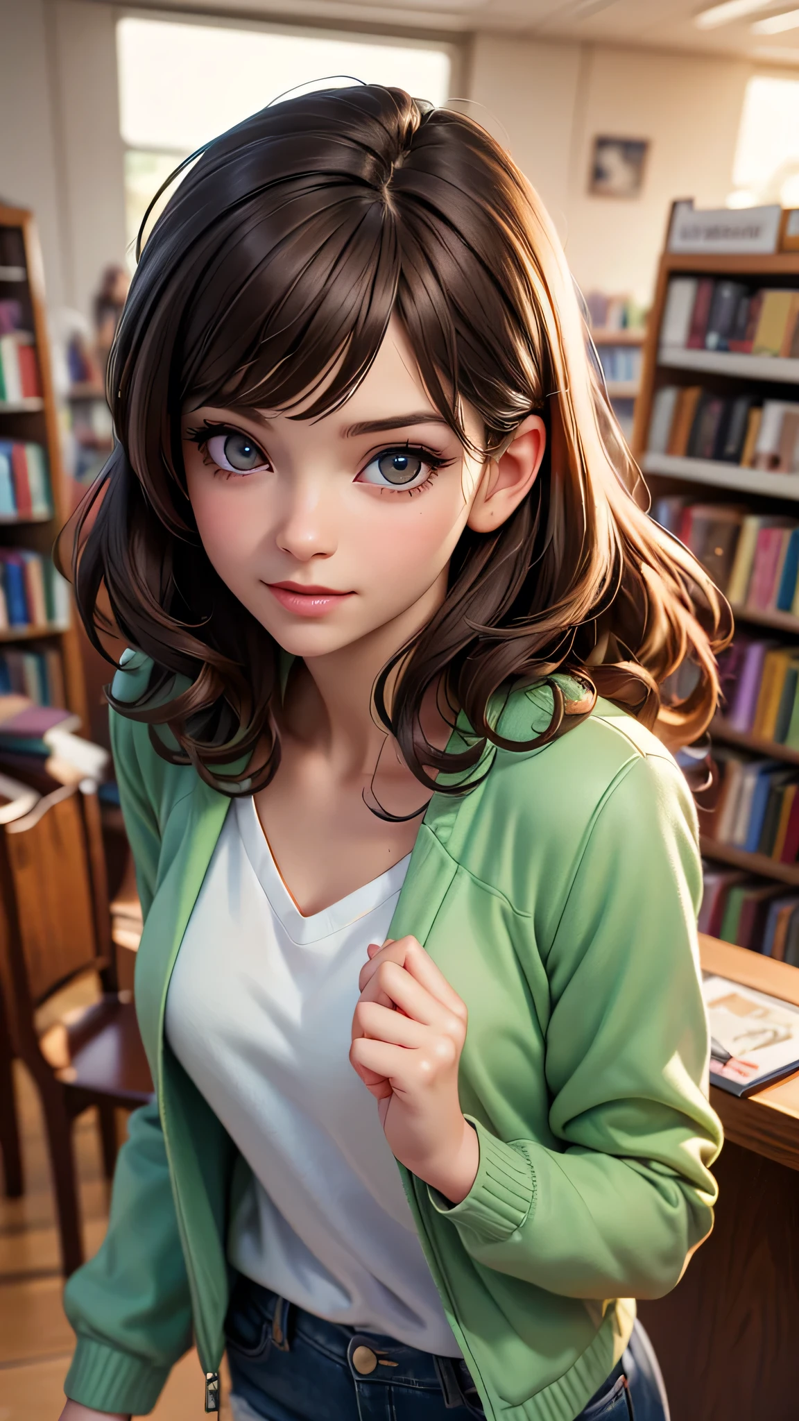 Sarah, wearing her green jacket over a white shirt and blue jeans, walks up to Mark in the bookstore and taps him on the shoulder. He turns around, surprised, and she holds up the wallet with a smile. "Is this yours?" she asks, her curly brown hair framing her face. (best quality, 4k, 8k, highres, masterpiece:1.2), ultra-detailed, (realistic, photorealistic, photo-realistic:1.37), indoor, beautiful detailed eyes, beautiful detailed lips, extremely detailed eyes and face, long eyelashes, soft lighting).