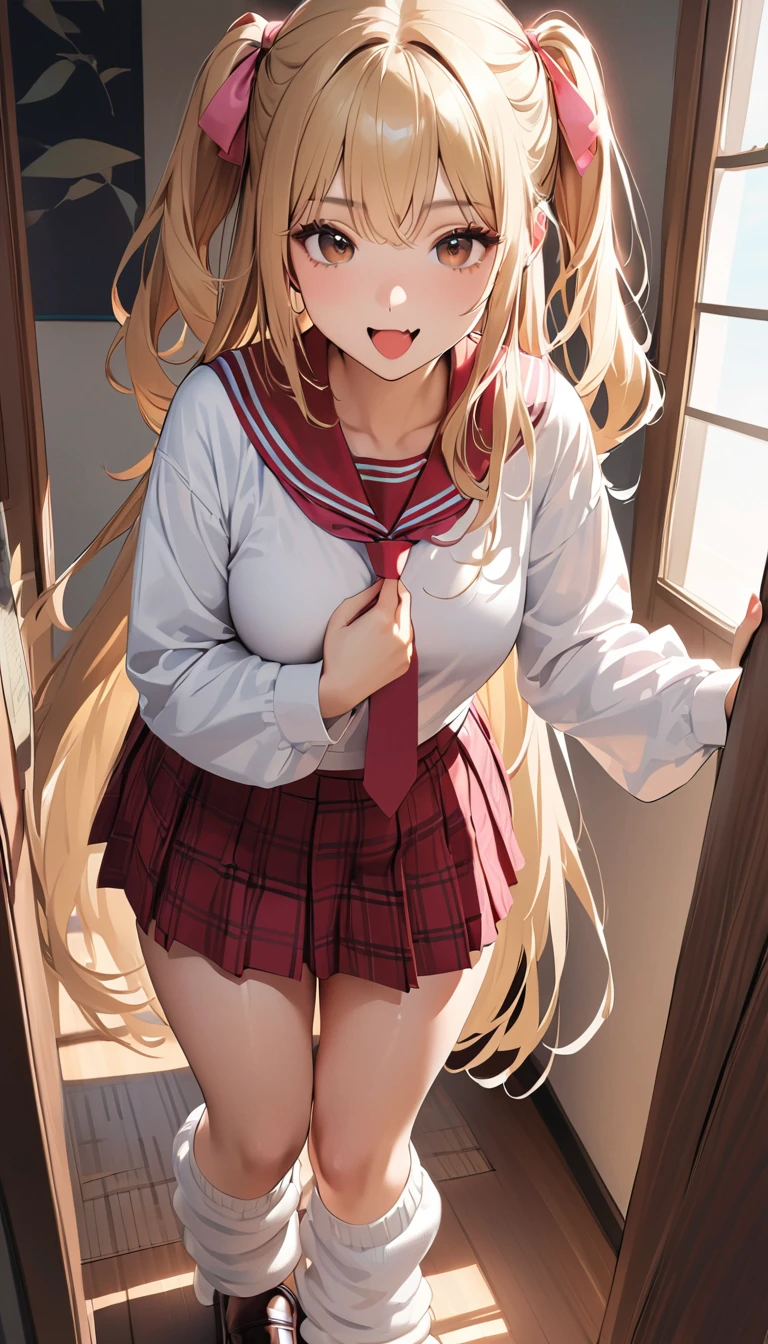 a girl standing, (1girl, sharp focus solo), (full body portrait image:1.4), (Masterpiece, Super realistic, Super details, Super Highest Quality, Super Highest Quality), super cute and beautiful girl, You are male professional photographer, Japanese gal, For dark brown eyes, Blonde yellow hair, Pink ribbon, gal make-up, False eyelashes, Pearl pink lips, Unbuttoned out Hemmed sailor red open collared open front white shirt, (Very thin shirt:1.3), beautiful focus, big open mouth, (brown eyes:1.4), big round chest, BREAK, (Half down two side up blonde very long hair style:1.4), (Wider at the hem flabby large in size Super Loose Socks:1.4), (wear loafer:1.2), An innocent 16-year-old girl, (skin fang:1.2), standing pose, wear white unbuttoned shirt, low-rise pleated plaid skirt, , loafer, Japanese cute girls,loose socks,aariko, long hair, blonde hair, two side up, hair ribbon, pink ribbon, , frills, serafuku, sailor collar, necktie, white shirt, long sleeves, red skirt