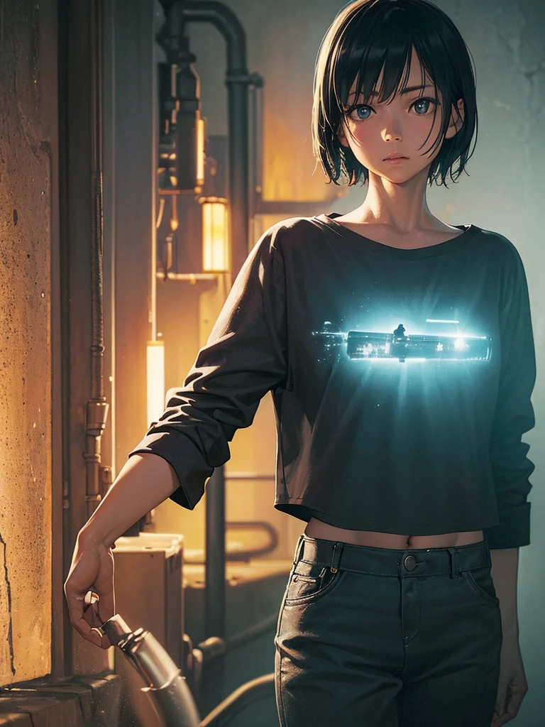 photograph, (Realistic: 1.4), (Surreal: 1.4), (Cinematic: 1.5), 20-year-old women, Japan, Woman with a gun, (Desert Eagle), Nikita, night, Cyan Light, tension, short hair, Holding a gun in both hands, underground, Black T-shirt, Electrical cord on the wall, water pipe
