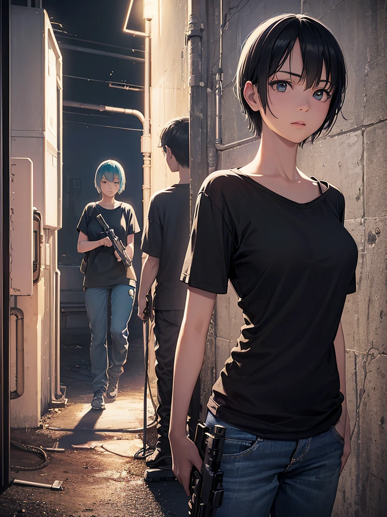 photograph, (Realistic: 1.4), (Surreal: 1.4), (Cinematic: 1.5), 20-year-old women, Japan, Woman with a gun, (Desert Eagle), Nikita, night, Cyan Light, tension, short hair, Holding a gun in both hands, underground, Black T-shirt, Electrical cord on the wall, water pipe